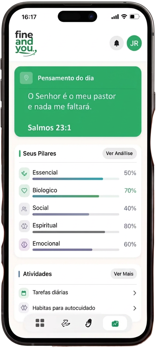 App FineAndYou de Gestão de Vida com os 5 pilares e atividades diárias